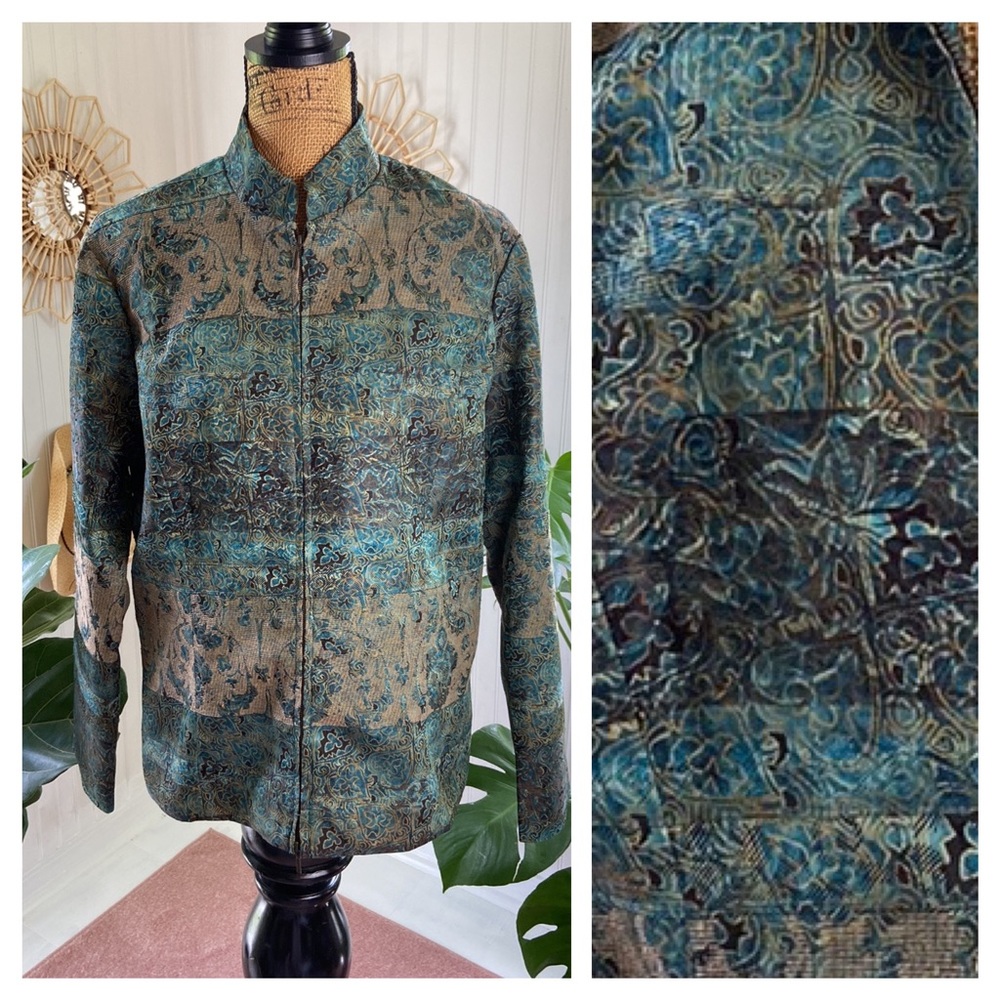Coldwater Creek Tapestry Turquoise & Brown Shacket Jacket Blazer Sz L